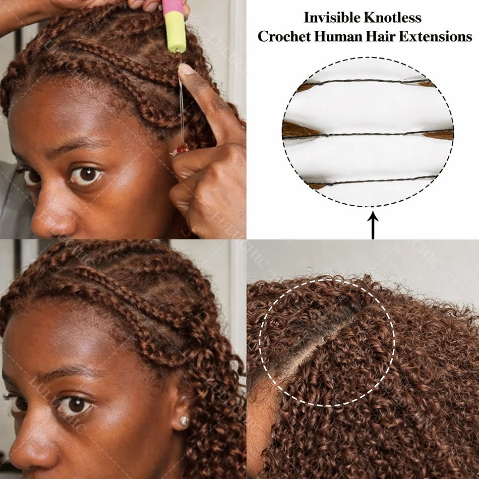 Knots Pre Separated Chocolate Brown Kinky Curly Crochet Human Hair Extension Invisible Lightweight Feather Crochet Braids Hair
