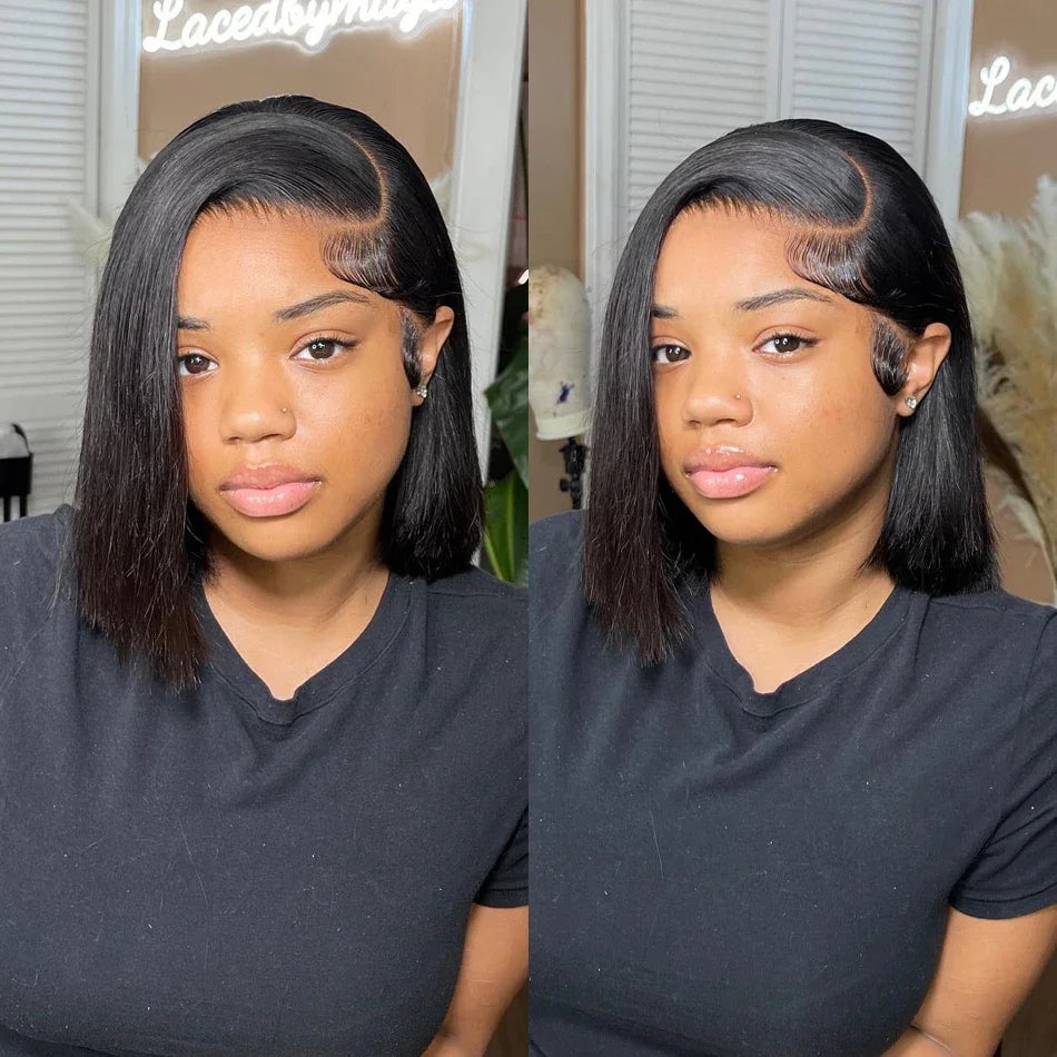Straight Short Bob Wigs 13x4 Human Hair Lace Frontal Wigs 200% Remy Pre Plucked Transparent Lace Short Bob Wigs For Women 14inch