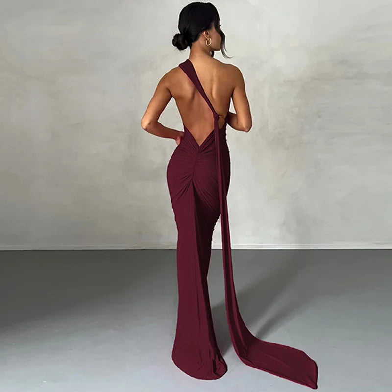 Dulzura One Shoulder Backless Ruched Slim Ribbon Long Dress Women Solid Sexy Elegant Dress Evening Party Club Prom Summer Outfit