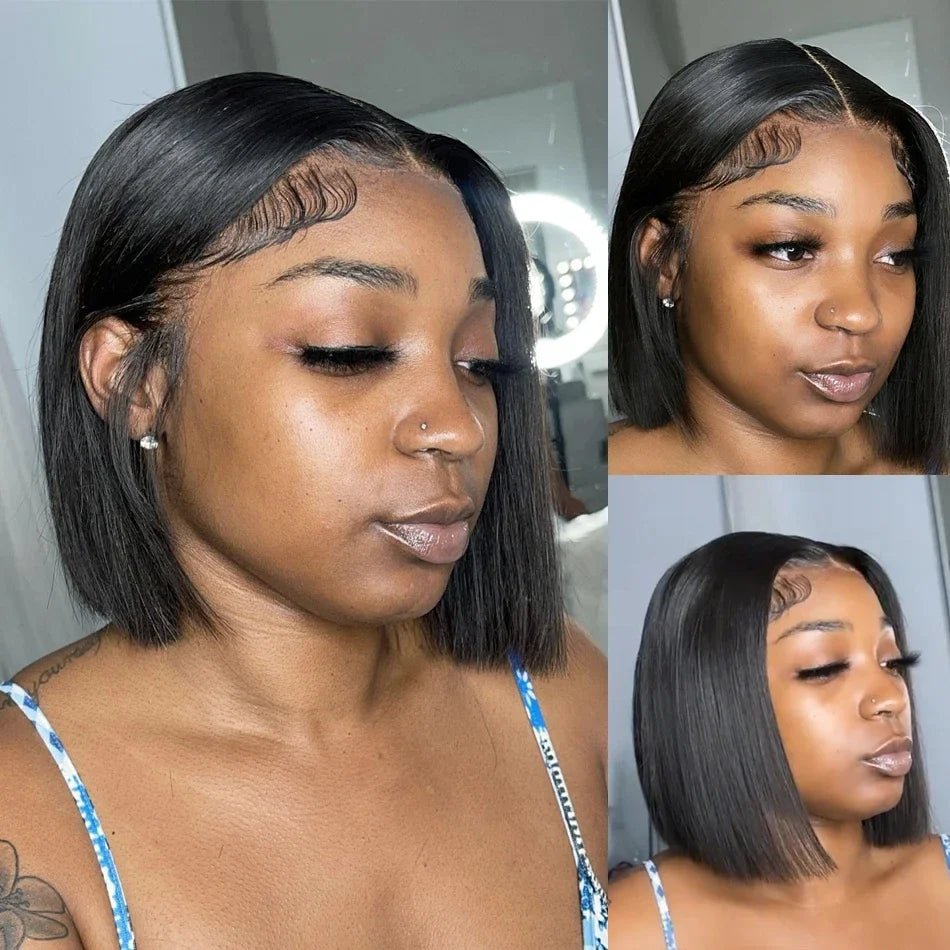 Straight Short Bob Wigs 13x4 Human Hair Lace Frontal Wigs 200% Remy Pre Plucked Transparent Lace Short Bob Wigs For Women 14inch