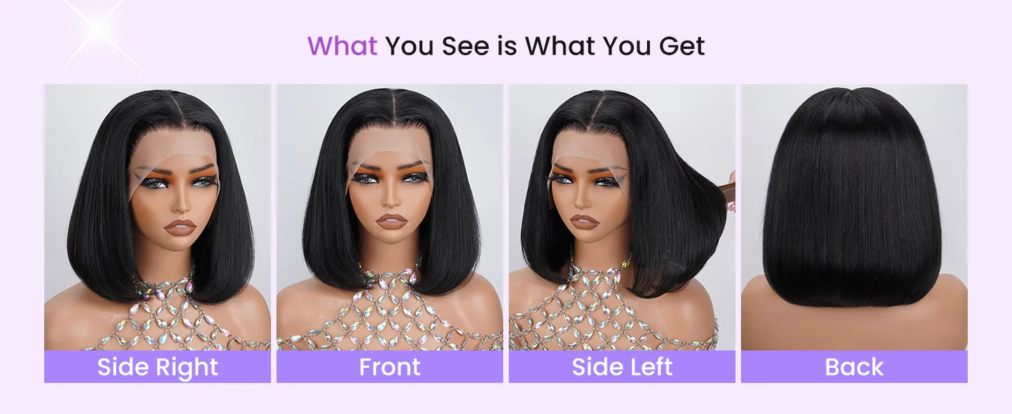 250% Density Glueless Bone Straight 13x6 Short Bob Half Lace Front Wig HD Frontal Braided Black 100% Human Hair Wigs