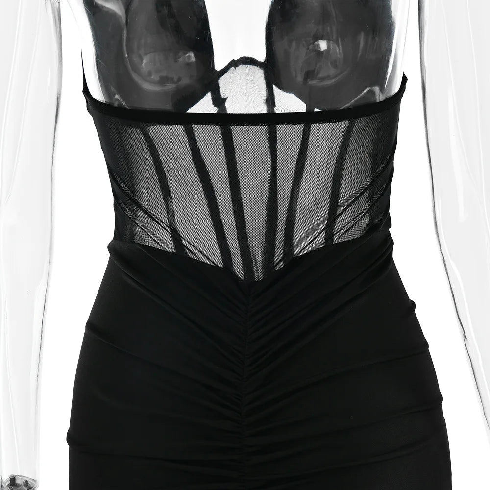 JULISSA MO Patchwork Sexy Deep V-neck Halter Women Maxi Dress Backless See Through Dress Summer Slim Elegant Party Evening Dress