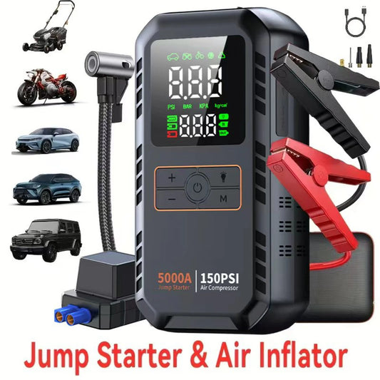 5000A 150PSI Car Jump Starter with Air Compressor Auto Tire Inflator, Large LCD Display, LED Light, for Cars, Bike & Motorcycle