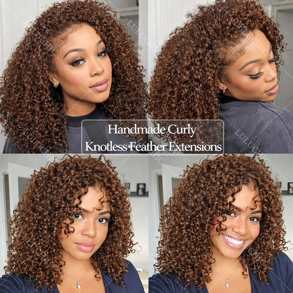 Knots Pre Separated Chocolate Brown Kinky Curly Crochet Human Hair Extension Invisible Lightweight Feather Crochet Braids Hair