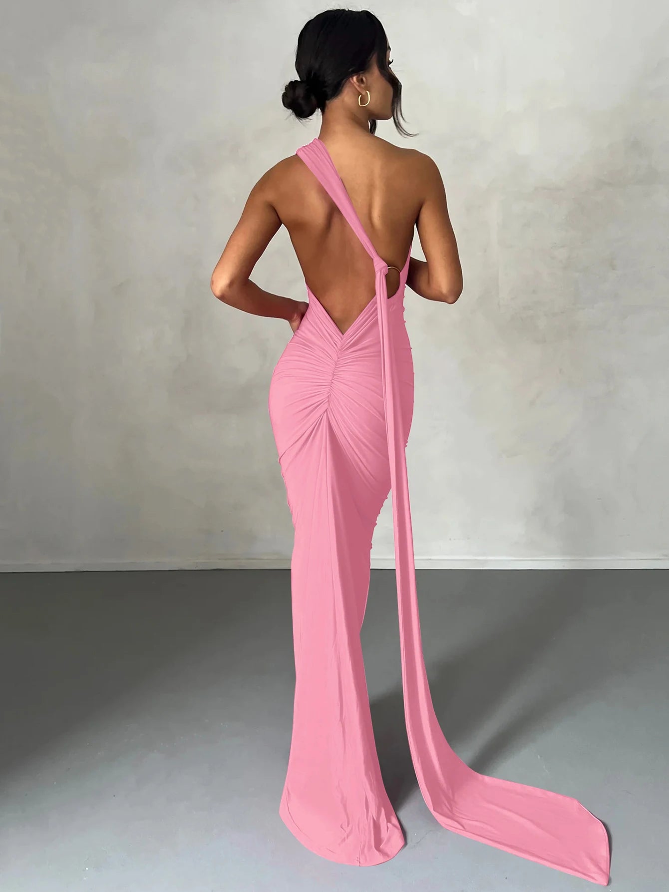 Dulzura One Shoulder Backless Ruched Slim Ribbon Long Dress Women Solid Sexy Elegant Dress Evening Party Club Prom Summer Outfit