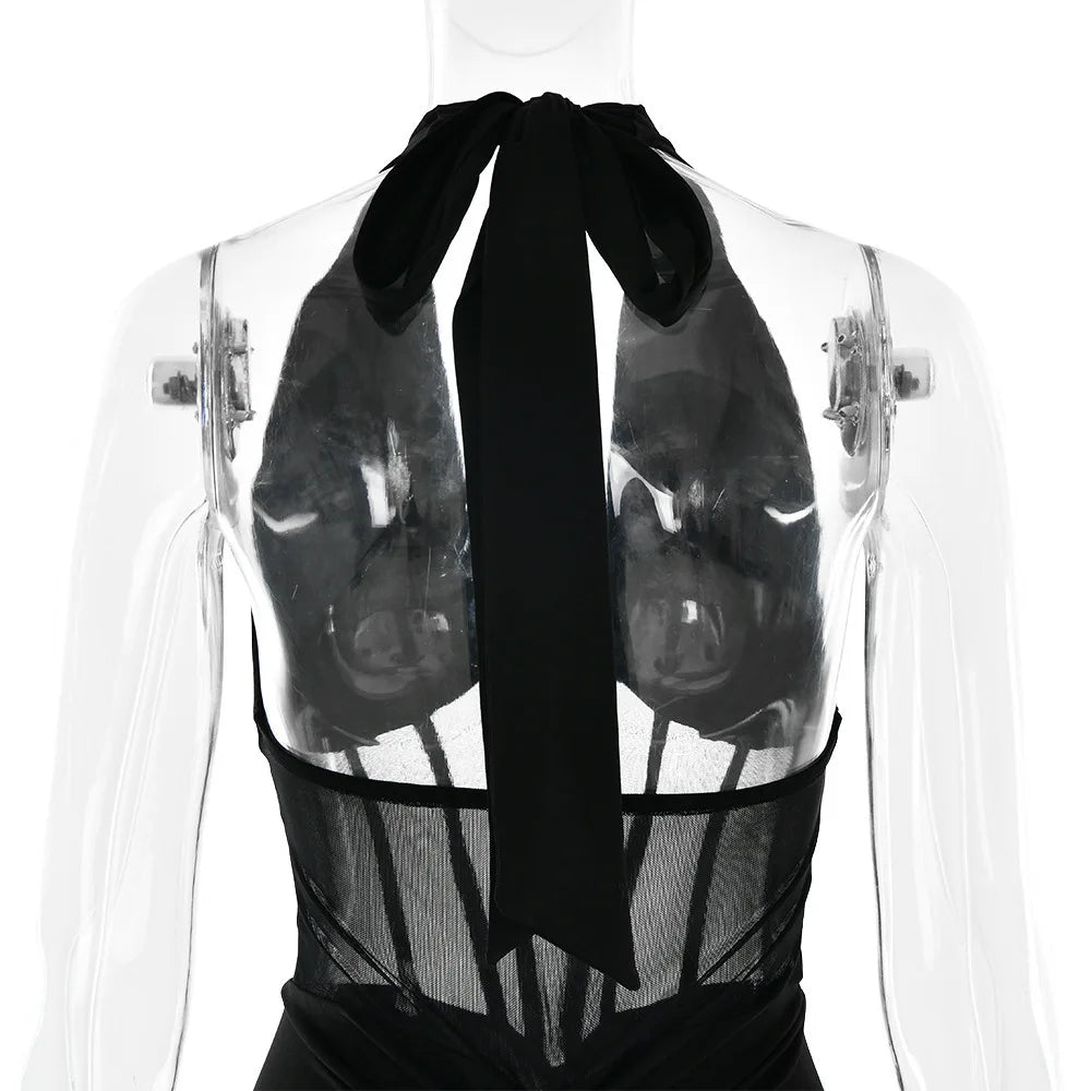 JULISSA MO Patchwork Sexy Deep V-neck Halter Women Maxi Dress Backless See Through Dress Summer Slim Elegant Party Evening Dress