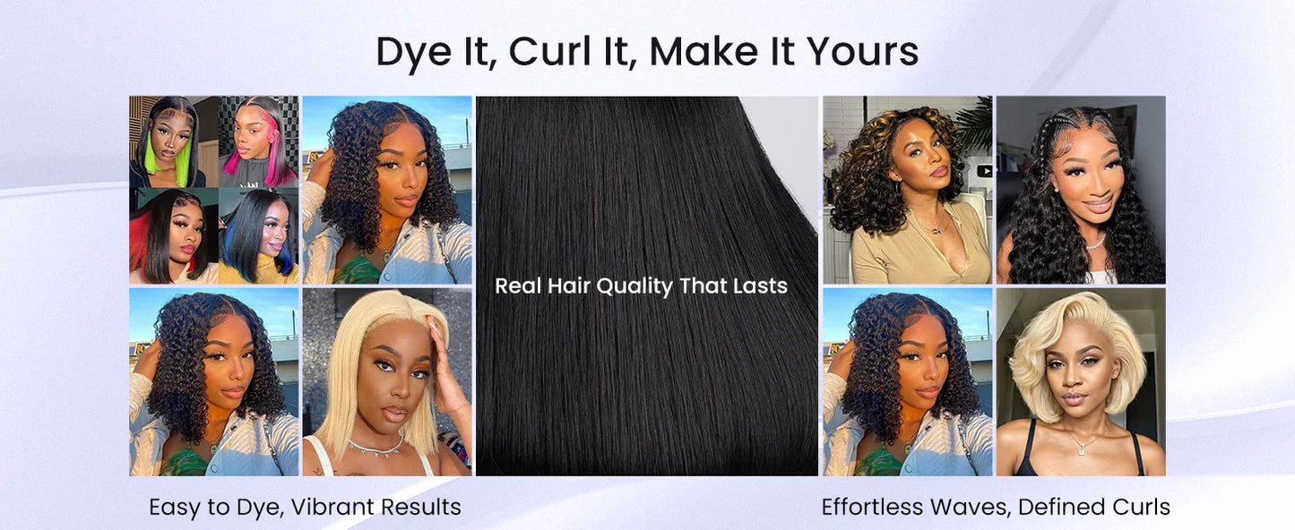 250% Density Glueless Bone Straight 13x6 Short Bob Half Lace Front Wig HD Frontal Braided Black 100% Human Hair Wigs
