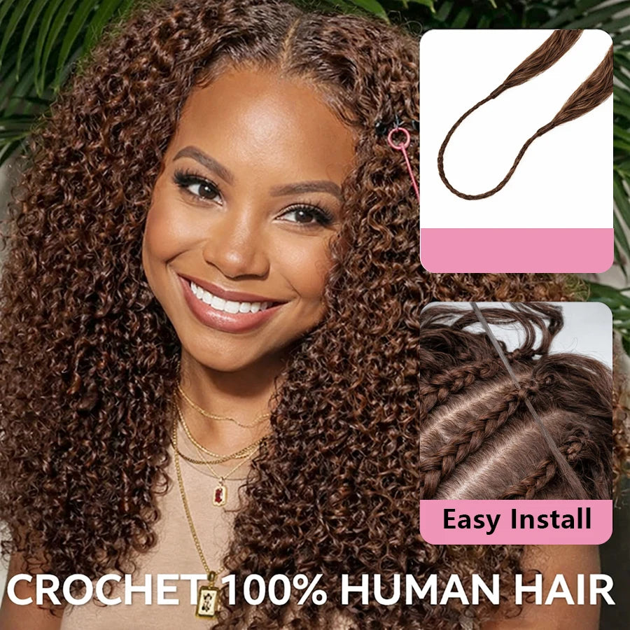 Knots Pre Separated Chocolate Brown Kinky Curly Crochet Human Hair Extension Invisible Lightweight Feather Crochet Braids Hair