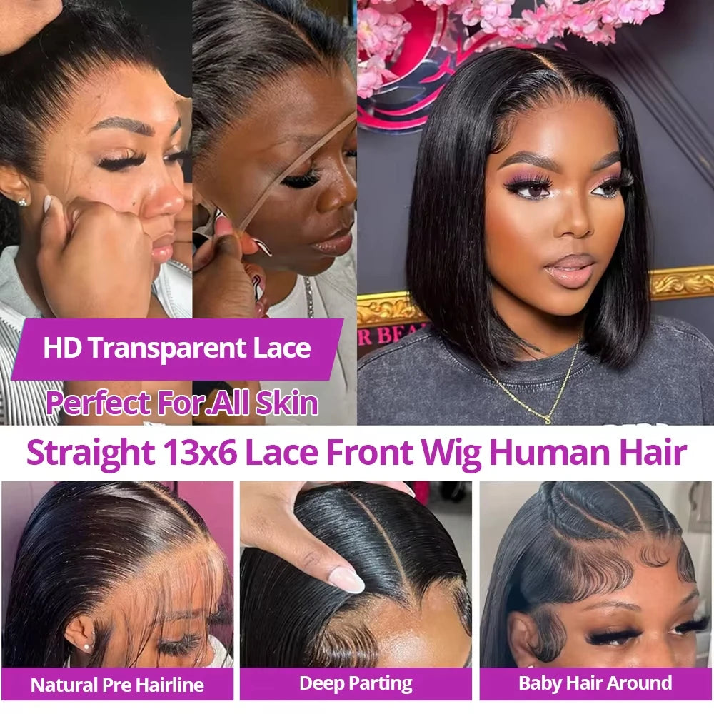 210 Density 13x6 HD Lace Frontal Wigs Short Bob Straight Human Hair Wig Pre Plucked Brazilian 100% Human Hair Wig For Women
