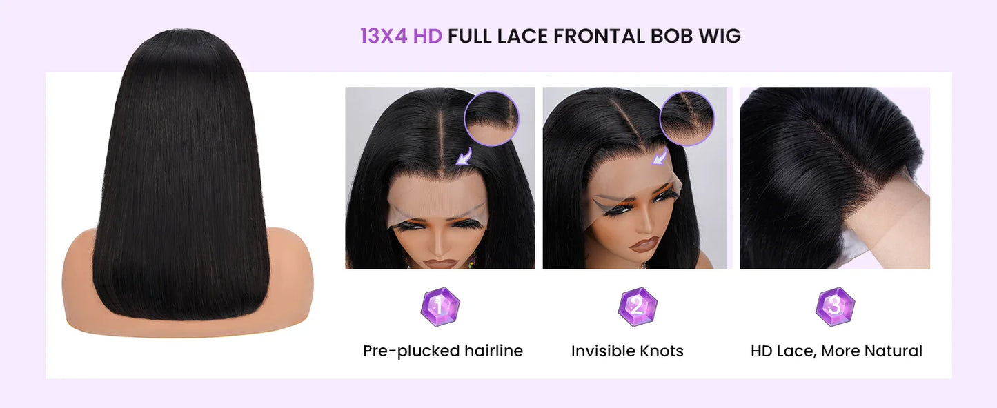 250% Density Glueless Bone Straight 13x6 Short Bob Half Lace Front Wig HD Frontal Braided Black 100% Human Hair Wigs