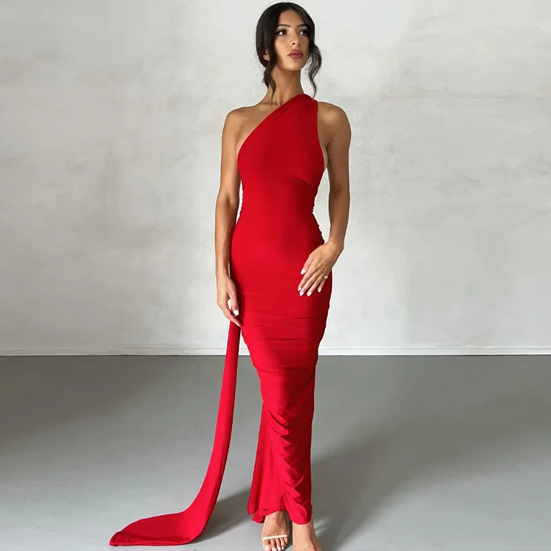 Dulzura One Shoulder Backless Ruched Slim Ribbon Long Dress Women Solid Sexy Elegant Dress Evening Party Club Prom Summer Outfit