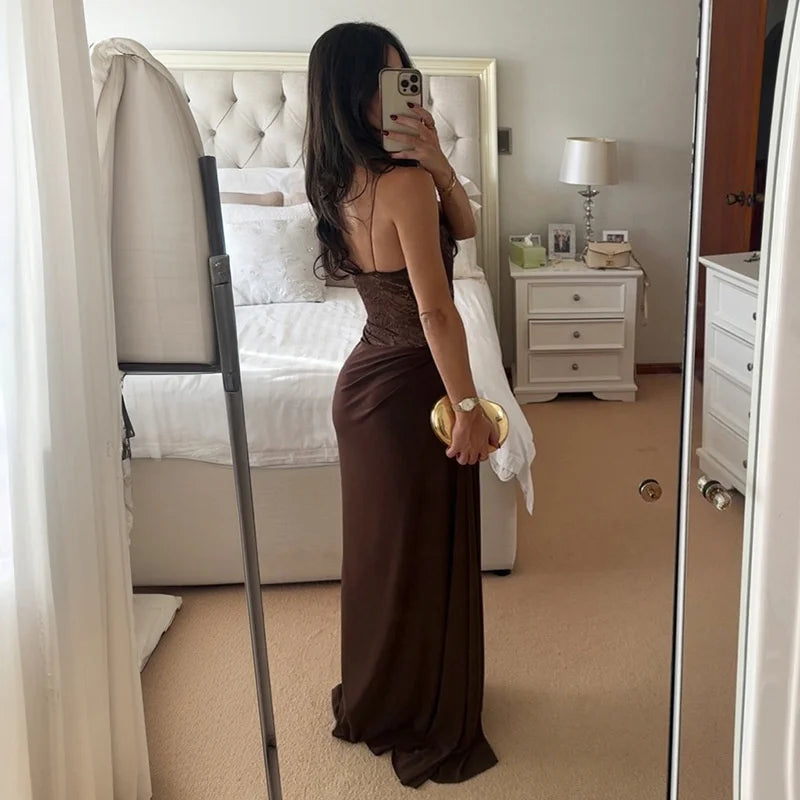 Mozision One Shoulder Lace See Through Sexy Maxi Dress Women Gown Fashion Off-shoulder Sleeveless Backless Club Long Dresses