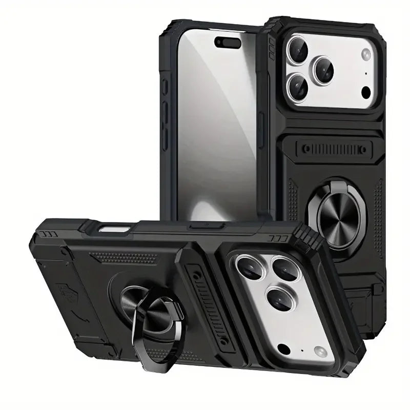 Shockproof Heavy-Duty Case for iPhone 17 16 15 14 13 Pro Max with Magnetic 360° Rotating Metal Stand and Hidden Dual Card Slots