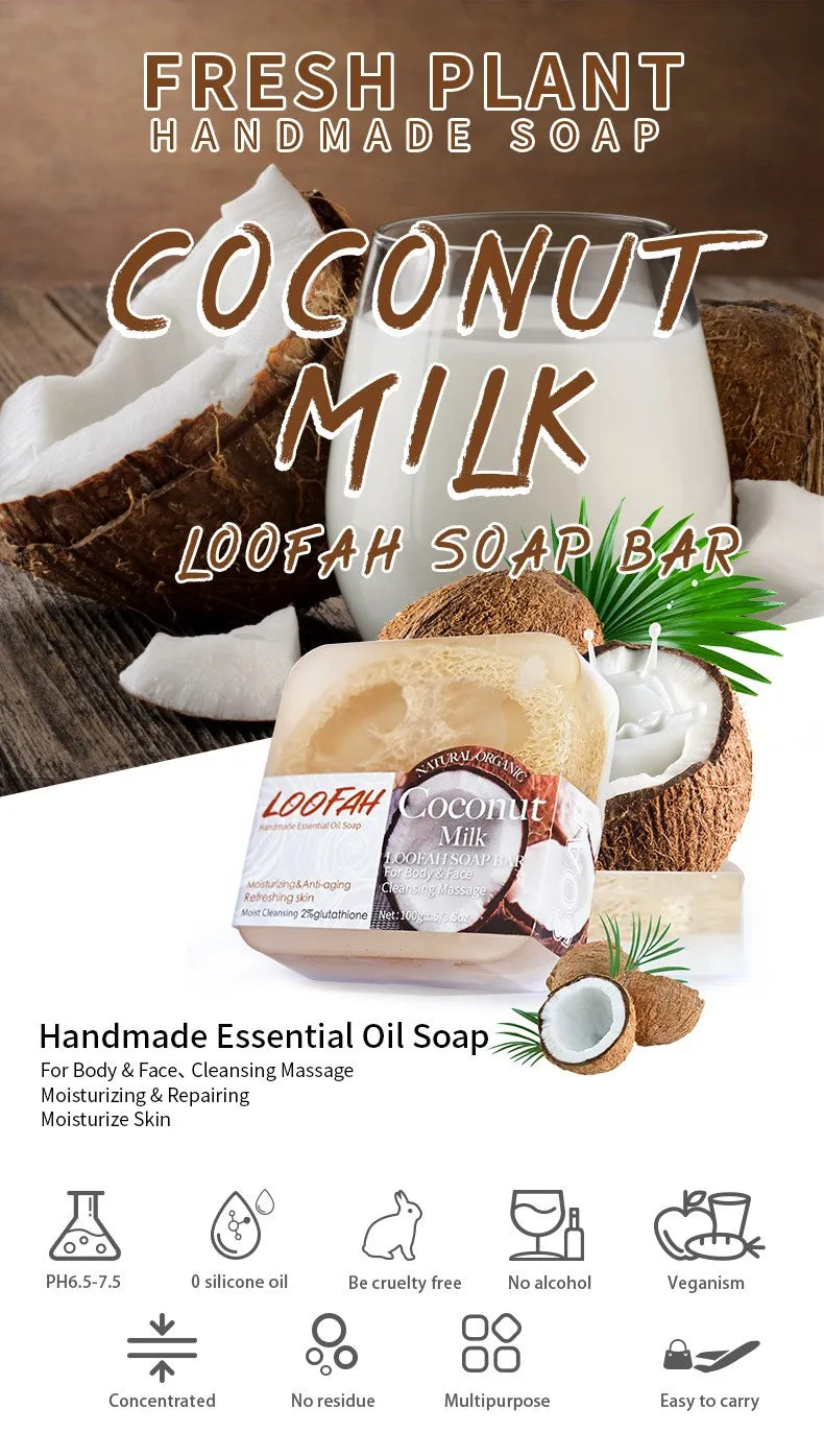 loofah Coconut essential oil soap, added with glutathione, suitable for cleaning and moisturizing the whole body, rich, delicate