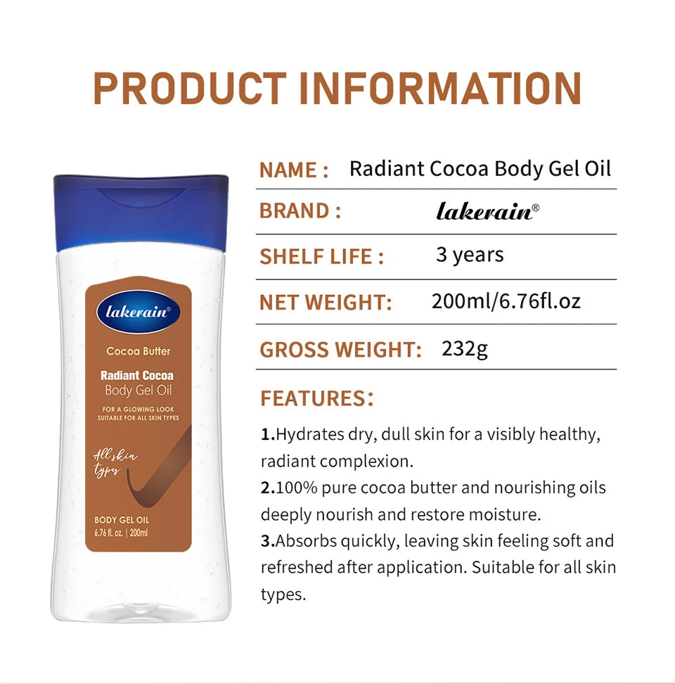 Cocoa Body Oil Gel Moisturizing Hydration For Dry Skin Care Radiant Glowing Butter Treatment Nourishing body care skin care