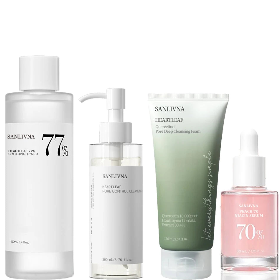 Heartleaf 77% Skincare 4-piece set: Deep Cleansing Foaming Cleanser ,Toner, Peach 70% Face Serum, Exfoliating Pore Cleanser