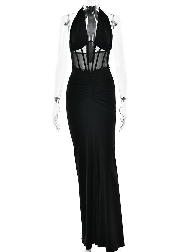 JULISSA MO Patchwork Sexy Deep V-neck Halter Women Maxi Dress Backless See Through Dress Summer Slim Elegant Party Evening Dress