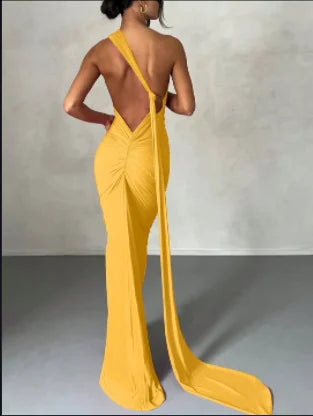 Dulzura One Shoulder Backless Ruched Slim Ribbon Long Dress Women Solid Sexy Elegant Dress Evening Party Club Prom Summer Outfit
