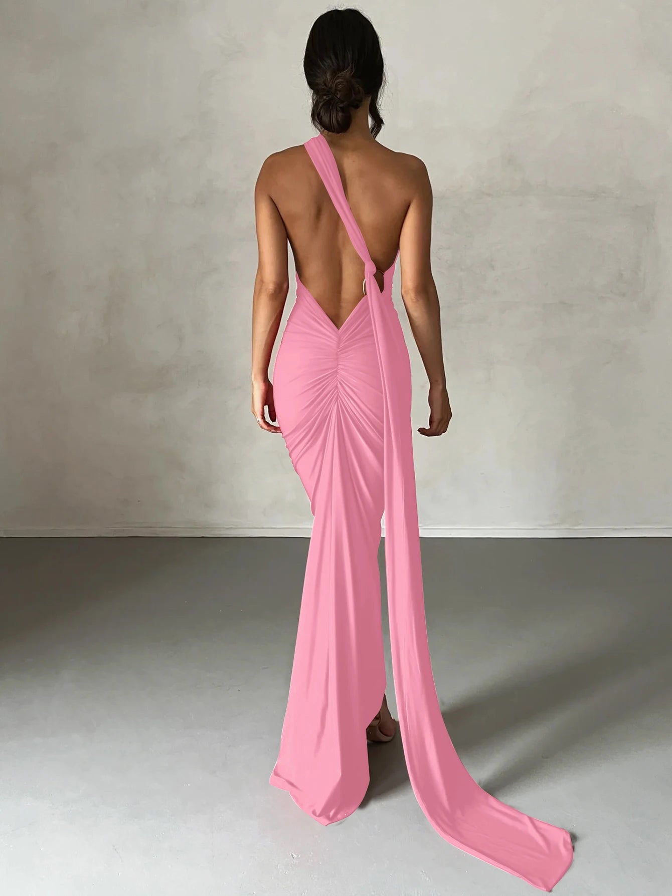 Dulzura One Shoulder Backless Ruched Slim Ribbon Long Dress Women Solid Sexy Elegant Dress Evening Party Club Prom Summer Outfit