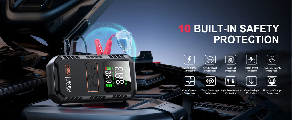 4-IN-1 Car Jump Starter with Air Compressor Peak 5000A Auto Battery Booster 150PSI Air Pump Portable Power Bank Tire Inflator