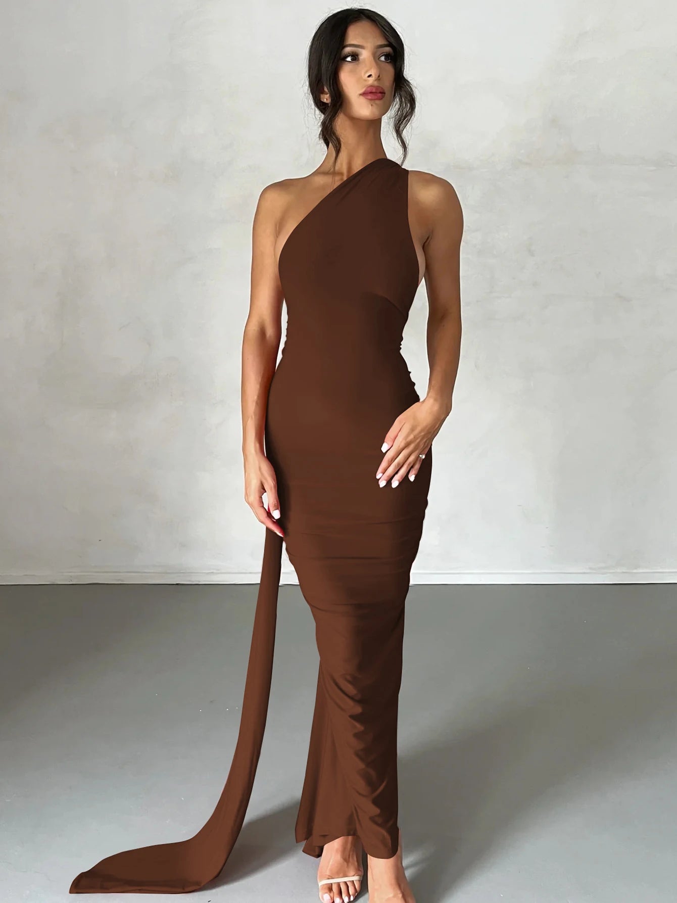 Dulzura One Shoulder Backless Ruched Slim Ribbon Long Dress Women Solid Sexy Elegant Dress Evening Party Club Prom Summer Outfit