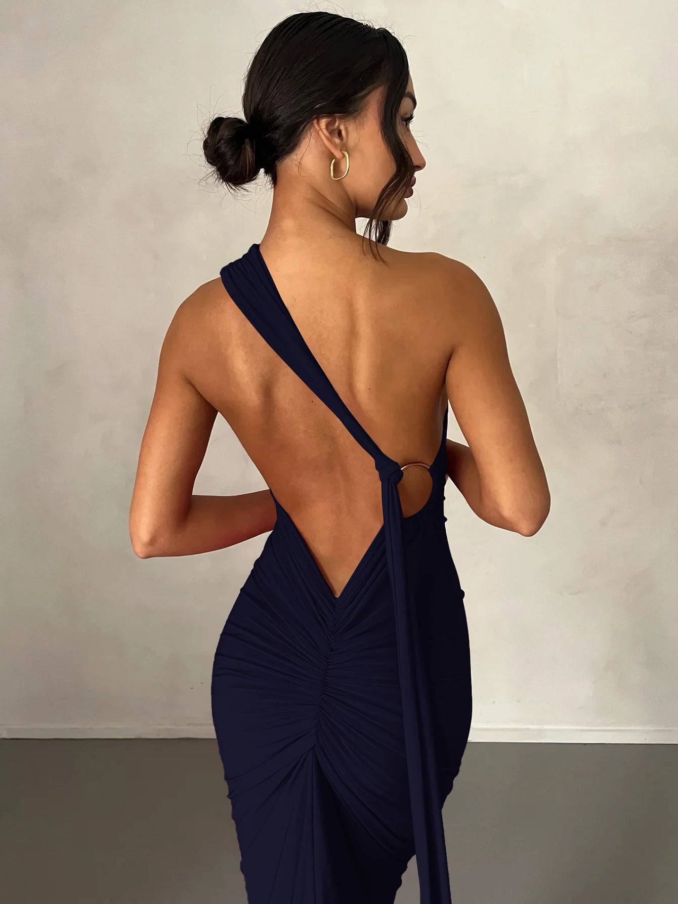 Dulzura One Shoulder Backless Ruched Slim Ribbon Long Dress Women Solid Sexy Elegant Dress Evening Party Club Prom Summer Outfit