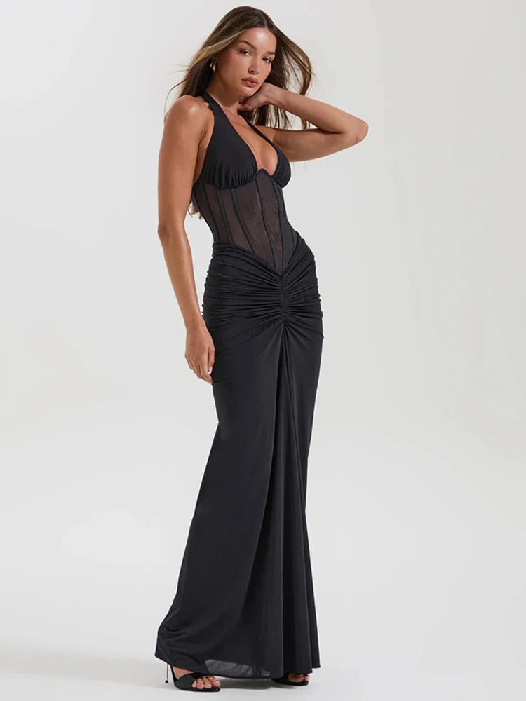JULISSA MO Patchwork Sexy Deep V-neck Halter Women Maxi Dress Backless See Through Dress Summer Slim Elegant Party Evening Dress