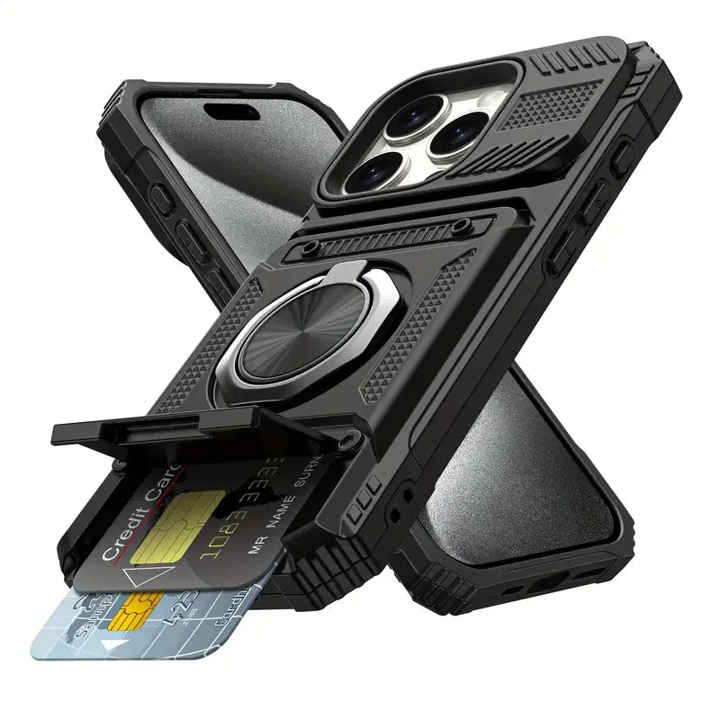 Shockproof Heavy-Duty Case for iPhone 17 16 15 14 13 Pro Max with Magnetic 360° Rotating Metal Stand and Hidden Dual Card Slots