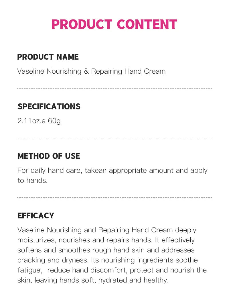 Vaseline Intensive Hand Cream Moisturizing Lotion Hydrating Nourishing Anti Chap Repairing Hands Care Beauty Skincare Hand Cream