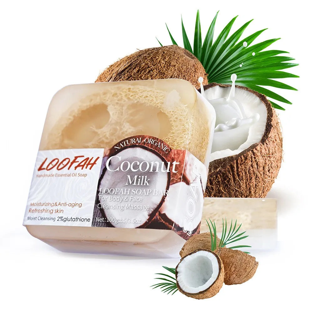 loofah Coconut essential oil soap, added with glutathione, suitable for cleaning and moisturizing the whole body, rich, delicate