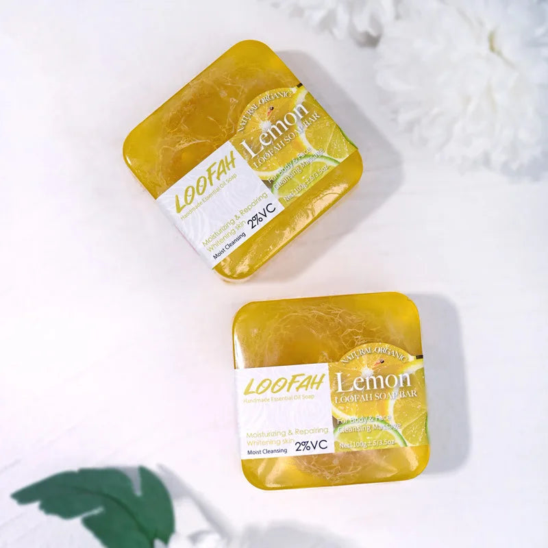 Lemon Loofah Soap 100g with Rose & Sea Salt, Exfoliating & Cleansing Handmade Bar for Face & Body