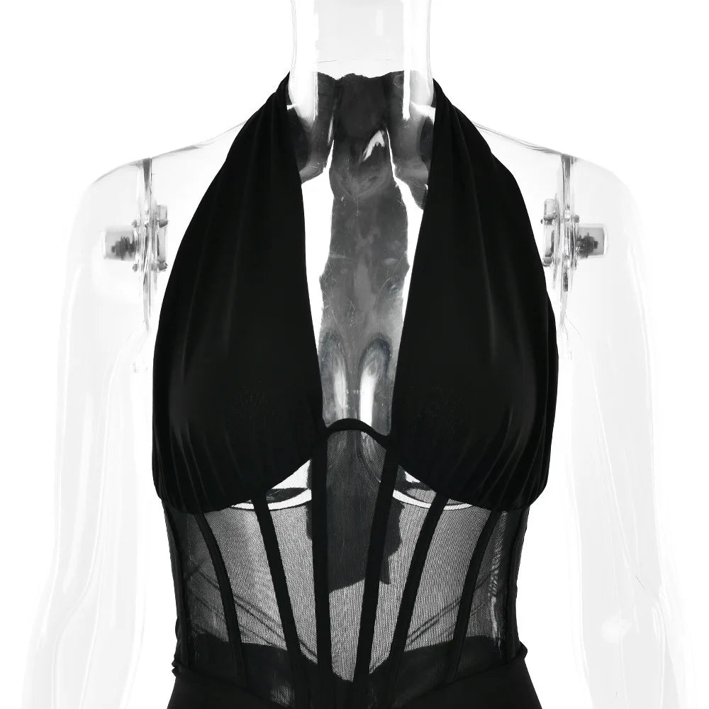 JULISSA MO Patchwork Sexy Deep V-neck Halter Women Maxi Dress Backless See Through Dress Summer Slim Elegant Party Evening Dress