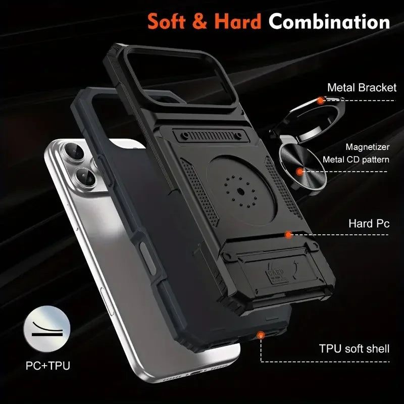 Shockproof Heavy-Duty Case for iPhone 17 16 15 14 13 Pro Max with Magnetic 360° Rotating Metal Stand and Hidden Dual Card Slots