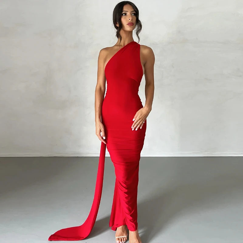 Dulzura One Shoulder Backless Ruched Slim Ribbon Long Dress Women Solid Sexy Elegant Dress Evening Party Club Prom Summer Outfit