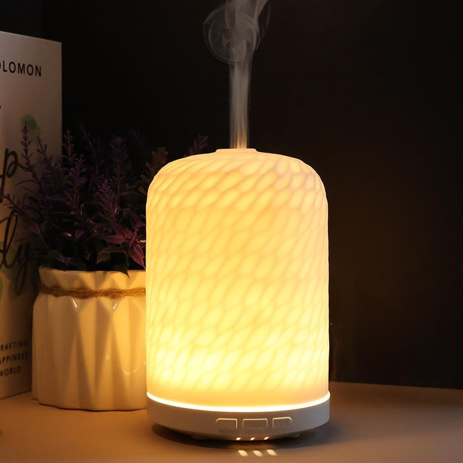 Essential Oil Diffuser,110Ml Diffusers for Essential Oils Large Room, Ceramic Diffusers Decorative Ultrasonic Defuzzer, Ideal for Aesthetic Home,Dorm Décor, Yoga,White