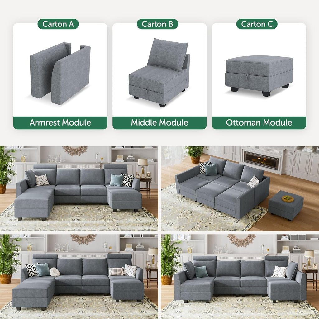 HONBAY Modular Sectional Sofa U Shaped Sectional Couch with Reversible Chaise Modular Couch with Storage, Bluish Grey