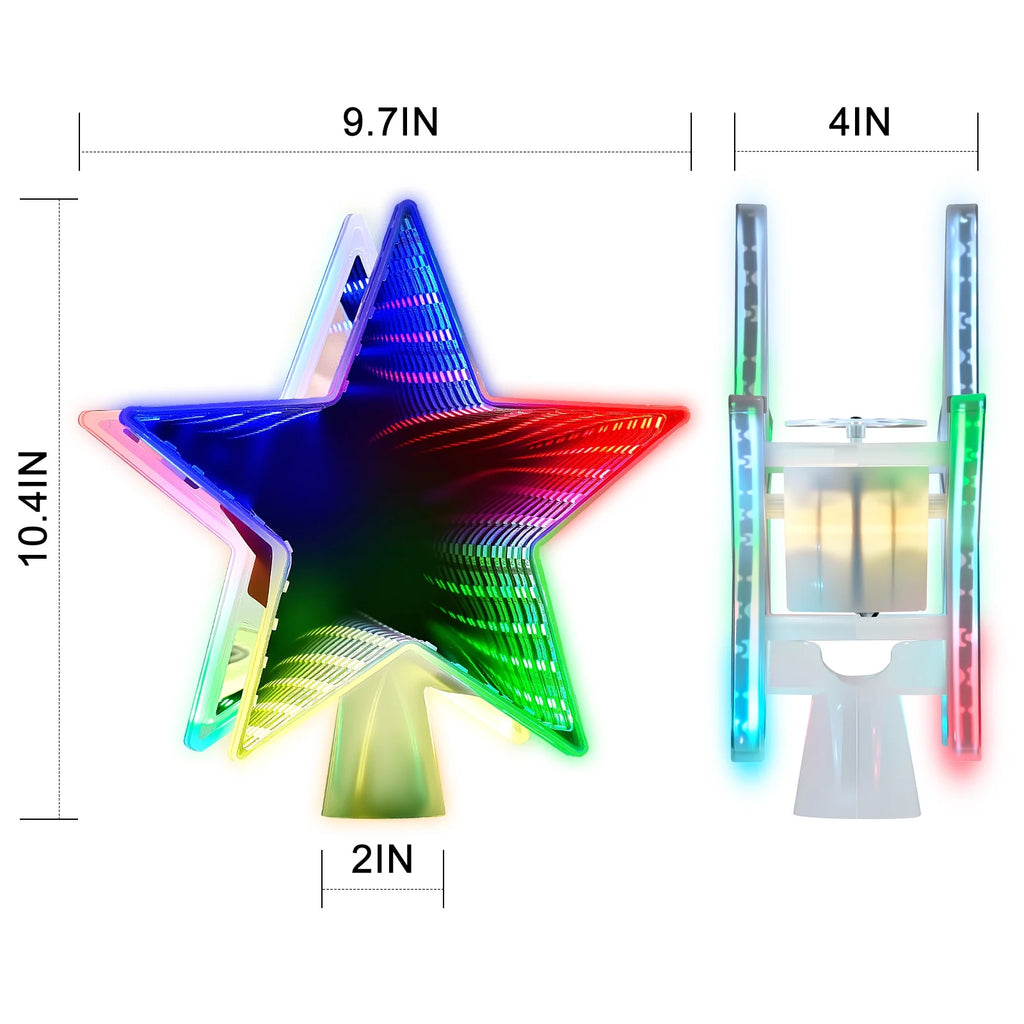 Christmas Star Tree Topper, Double Sided Tunnel Mirror Surface, 12 Lighting Modes, Built-In 6 Projected Patterns, Multi-Color Light