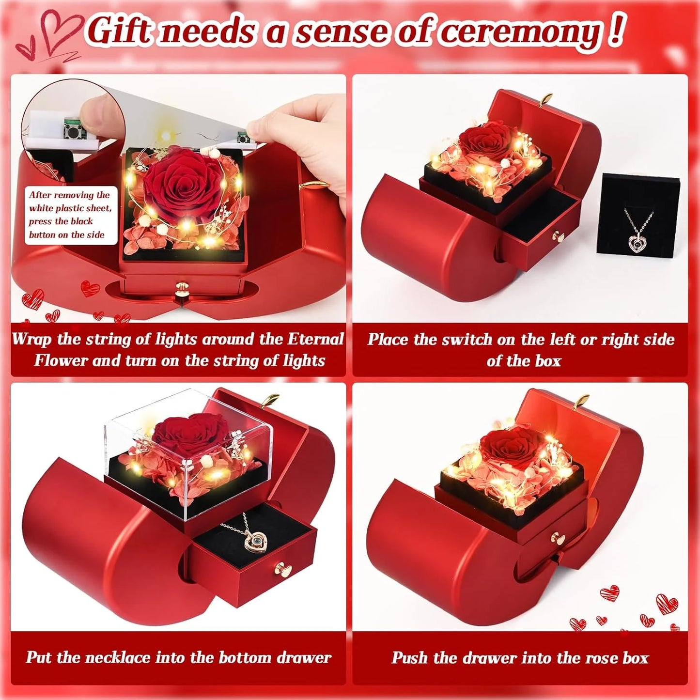 Preserved Flower Real Rose with Heart Necklace, Eternal Flower Gift Box for Mom,Girlfriend,Wife,Grandma on Valentine'S Day,Mother'S Day,Anniversary