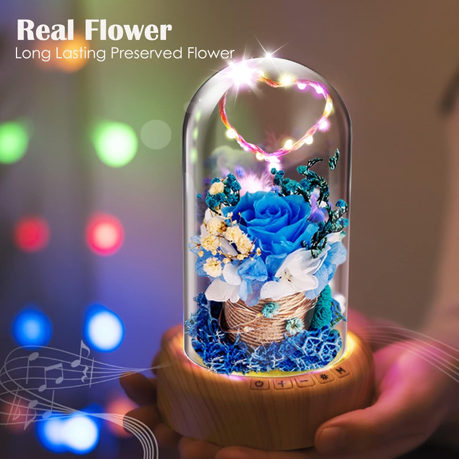 SWEETIME Blue Rose Lamp Real Preserved Rose in Glass Dome, Forever Flower Night Light with Bluetooth Speaker, Eternal Flowers Rose Musical Box Gift for Her on Mother'S Day, Birthday, Valentine Day.