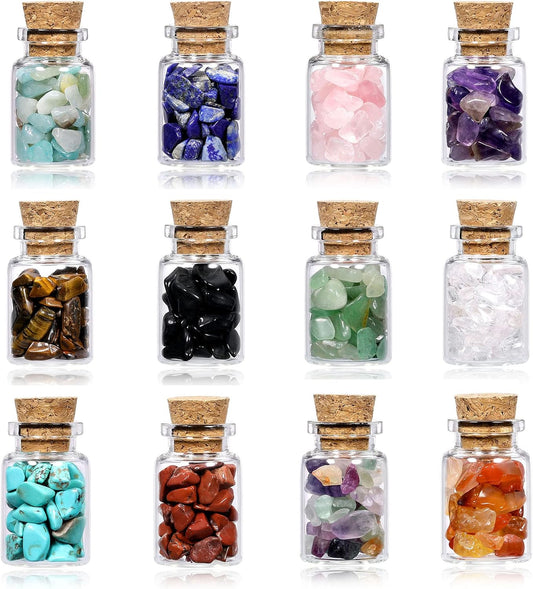 Crystaltears 12 Crystal Gemstone Bottles Reiki Chip Crystals for Witchcraft Healing Tumbled Gem Wicca Stones Set with Gift Box for Meditation Home Decoration Christmas Gift (12Pcs)