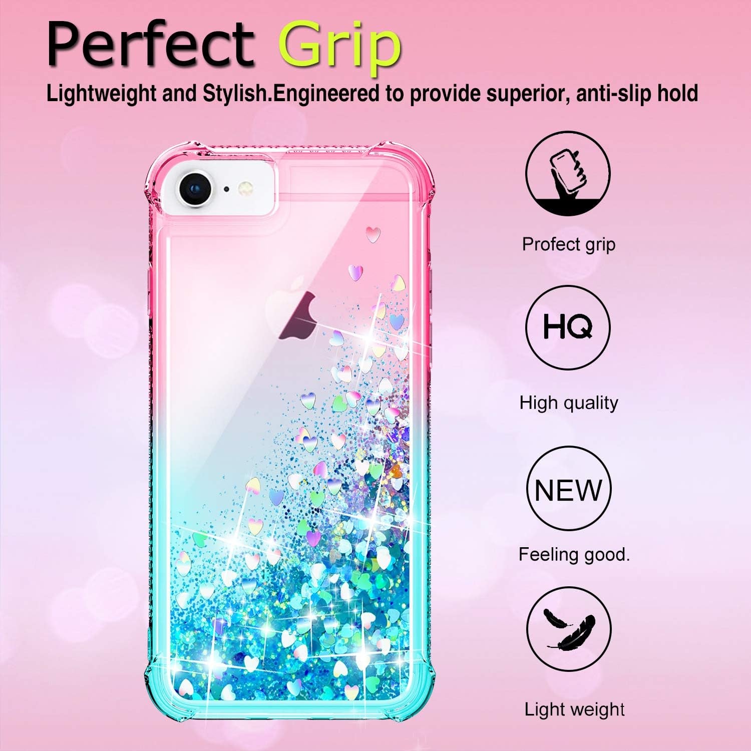 Gritup Iphone SE 2020 Case, Iphone 6/6S/7/8 Case with HD Screen Protector for Girls Women, Cute Clear Gradient Glitter Liquid TPU Slim Phone Case for Apple Iphone SE 2020/6/6S/7/8 Pink/Teal
