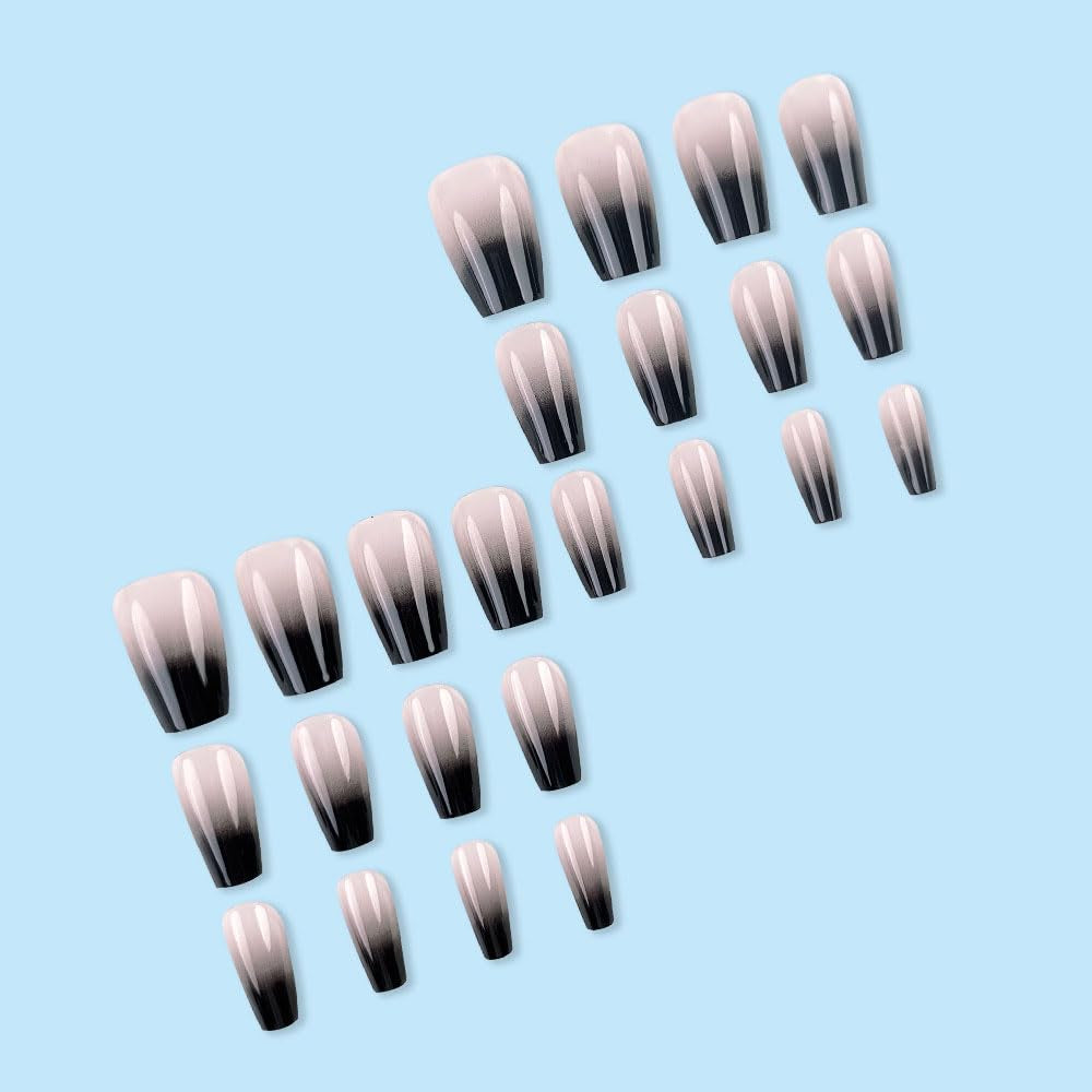 24 Pcs Black White Ombre Press on Nails Short Square - MINGCHUN Summer Fake Nails Press Ons Nails Tips Design Full Cover French False Nails Glue on Nails Stick on Nails Acrylic Nail Art DIY for Women