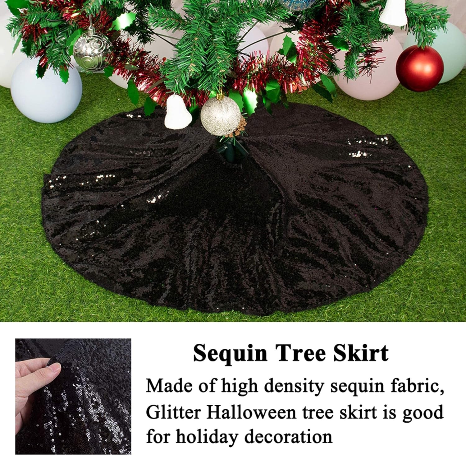 AMZLOKAE 48'' Black Sequin Tree Skirt - Sparkle Christmas/Halloween/Xmas Tree Skirt - Fits 5Ft to 7Ft Trees