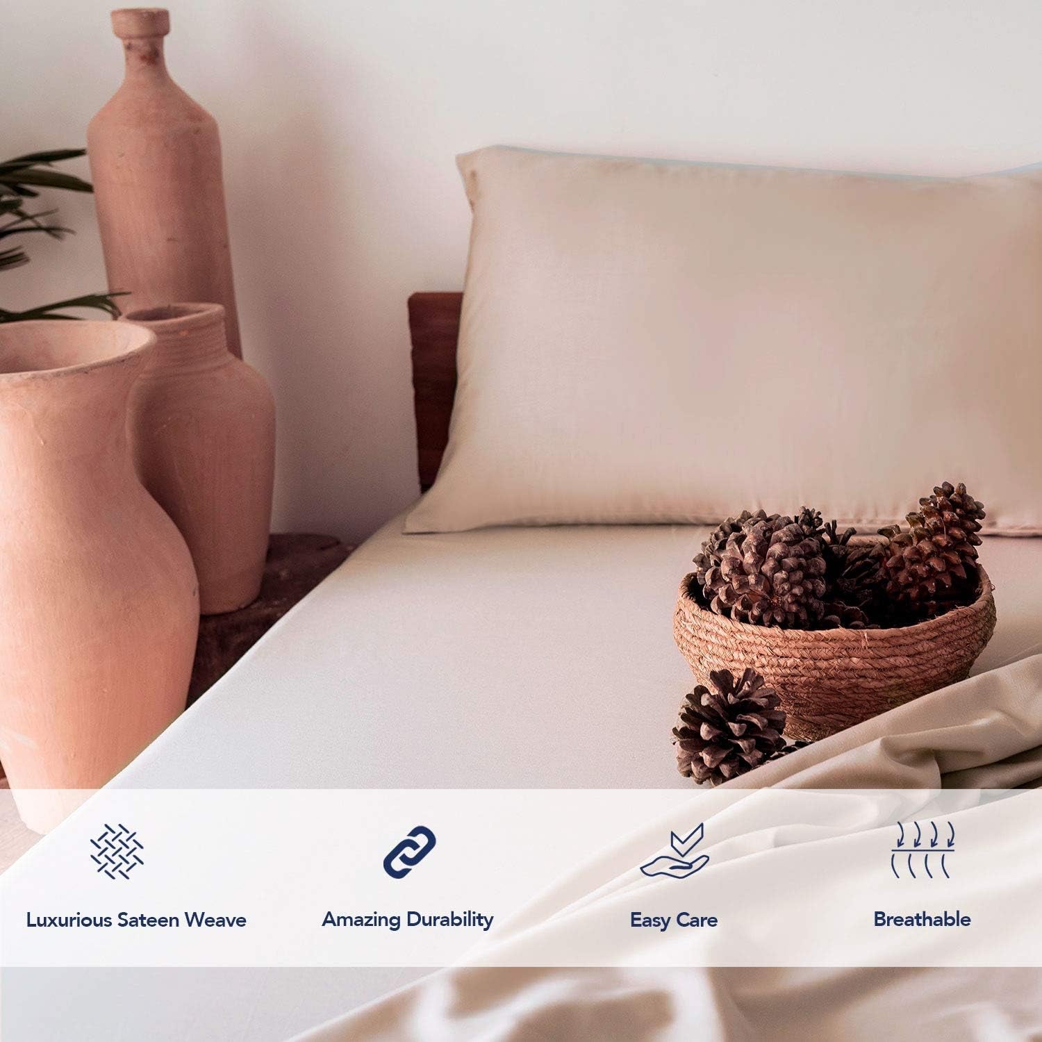 CRAFTSWORTH 100% Organic Cotton Sheets Twin 3 Piece Set Beige Extra Deep Pocket Sheet Sets Flat Sheet Fitted Sheet Pillowcase Better than Percale Hotel Luxury Quality Sheet GOTS Certified