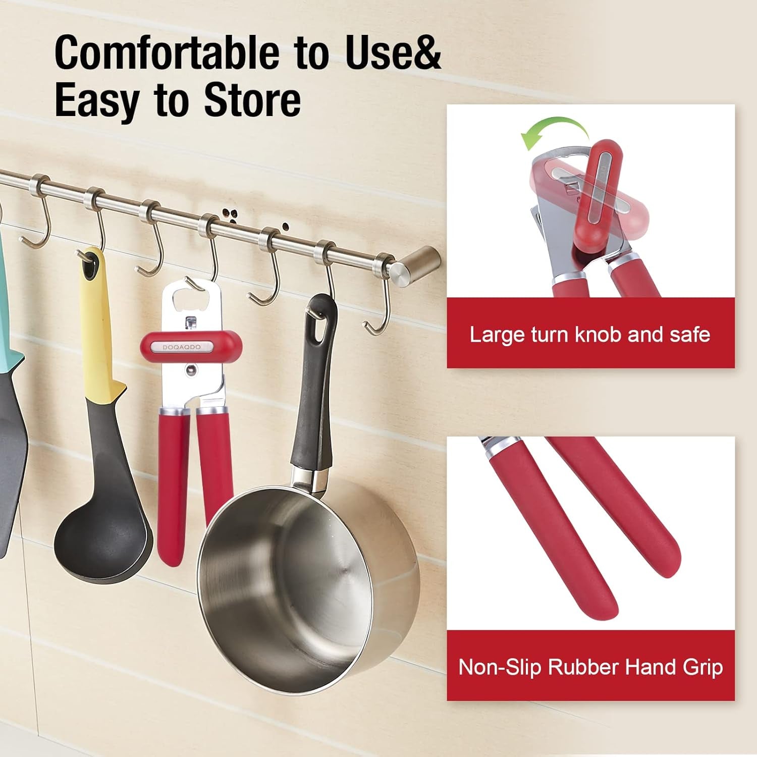 Can Opener Manual Portable Handheld Heavy Duty Hand Can Opener Smooth Edge, Comfortable Grip Safety Can Openers, Sharp Cutting Wheel, Easy Turn Knob, Built in Bottle Opener(Red)