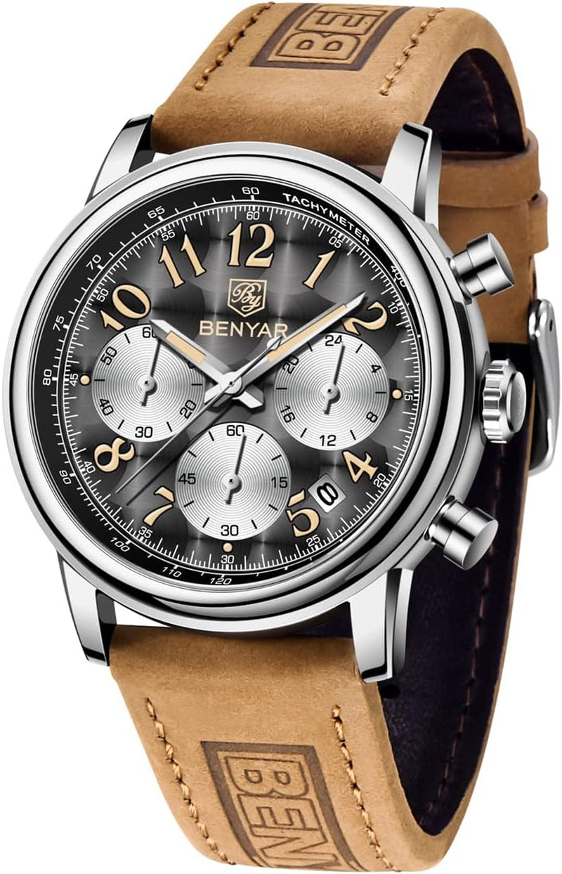 BENYAR Men'S Quartz Business Casual Sports Watch-Brown Strap 30M Waterproof-Multifunctional Fashion Analog Chronograph Watch with Calendar
