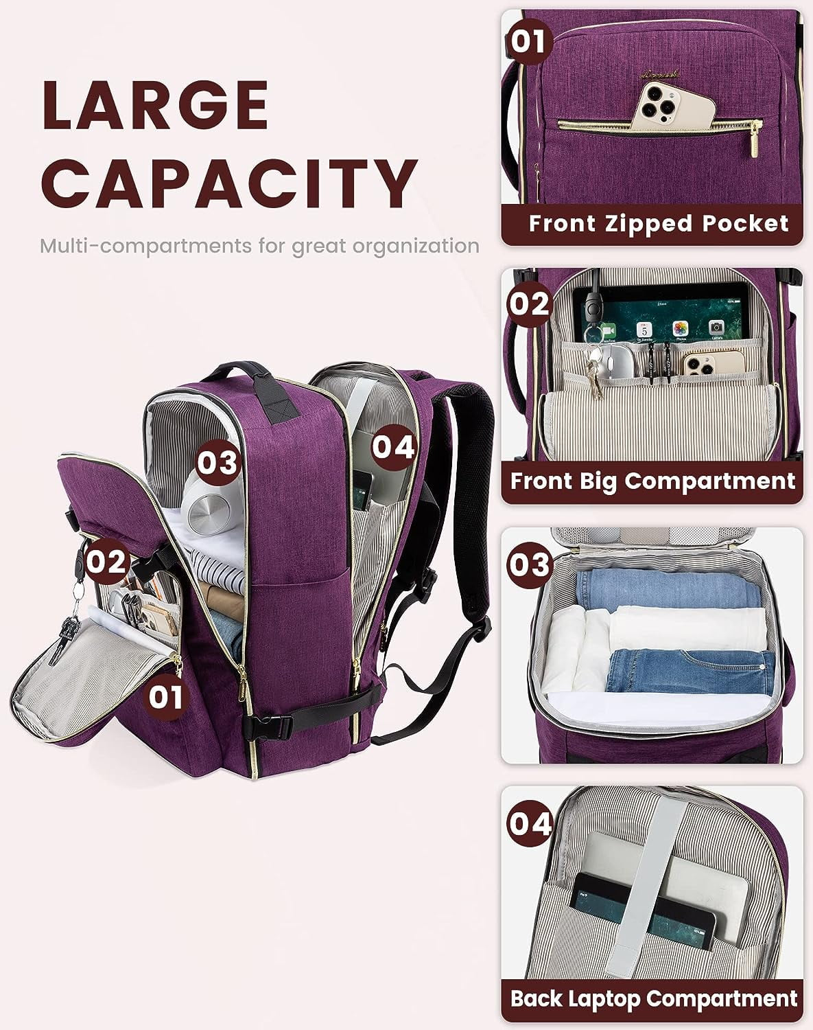 Travel Luggage Backpack,Laptop Backpack for Women 17.3",40L Waterproof Carry-On Business Daypack Flight Approved Large Weekender Overnight Bag with 3 Packing Cubes