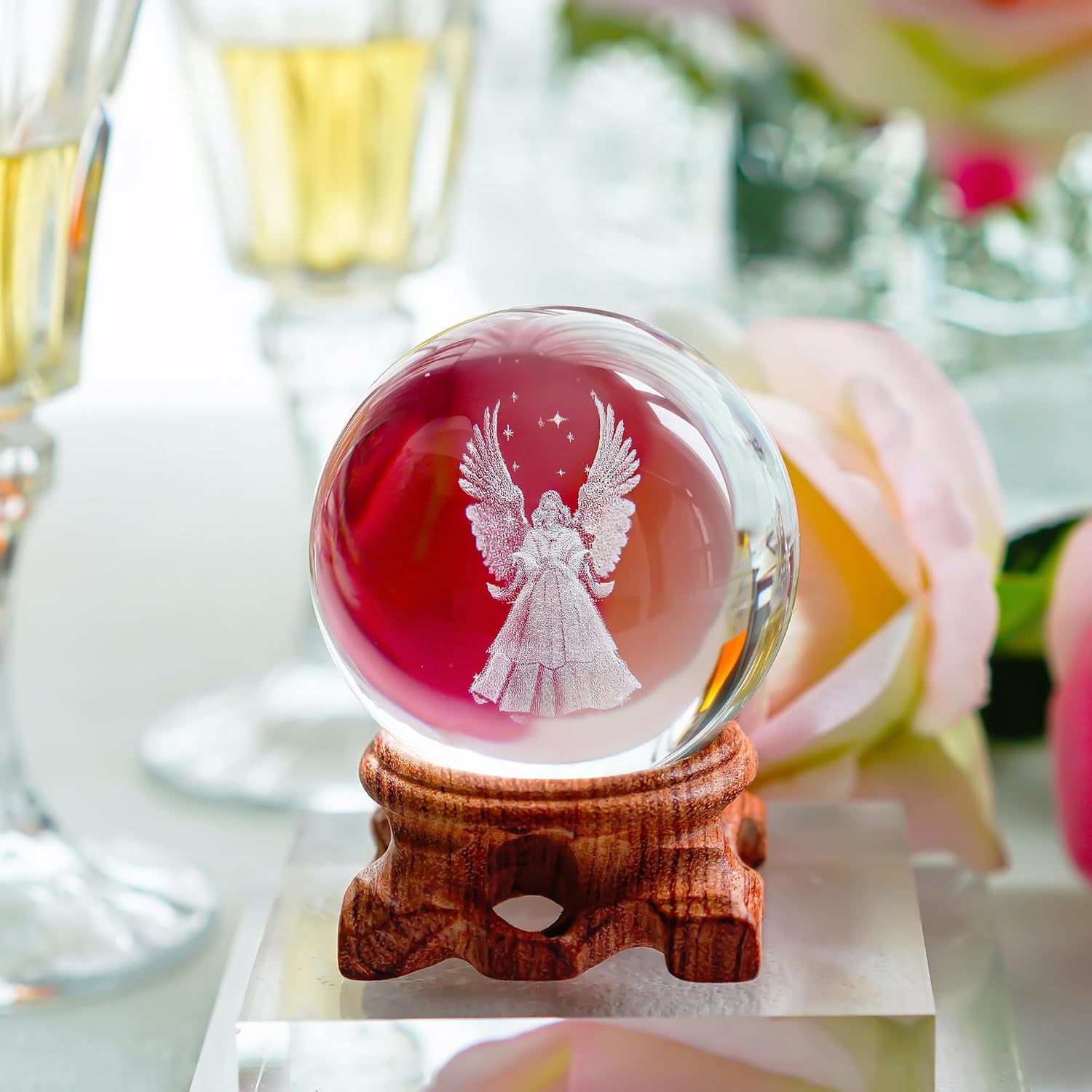 HDCRYSTALGIFTS 3D Angel Figurines Crystal Ball 60Mm Laser Engraved Paperweight Glass Guardian Angel Full Sphere Home Art Decor Gift Crafts(Clear)