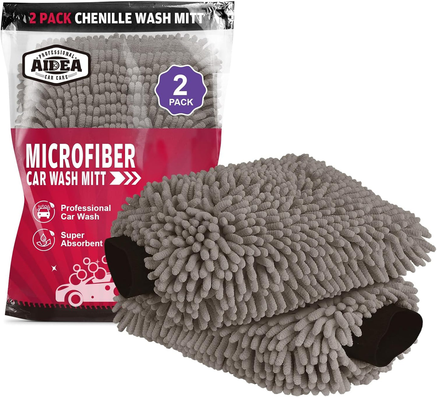 AIDEA Car Wash Mitt Microfiber, 2PK Scratch Free Lint-Free, Premium Chenille Microfiber Mitt Car Wash Brush, Green, Regular Size 7.12''X10.14''