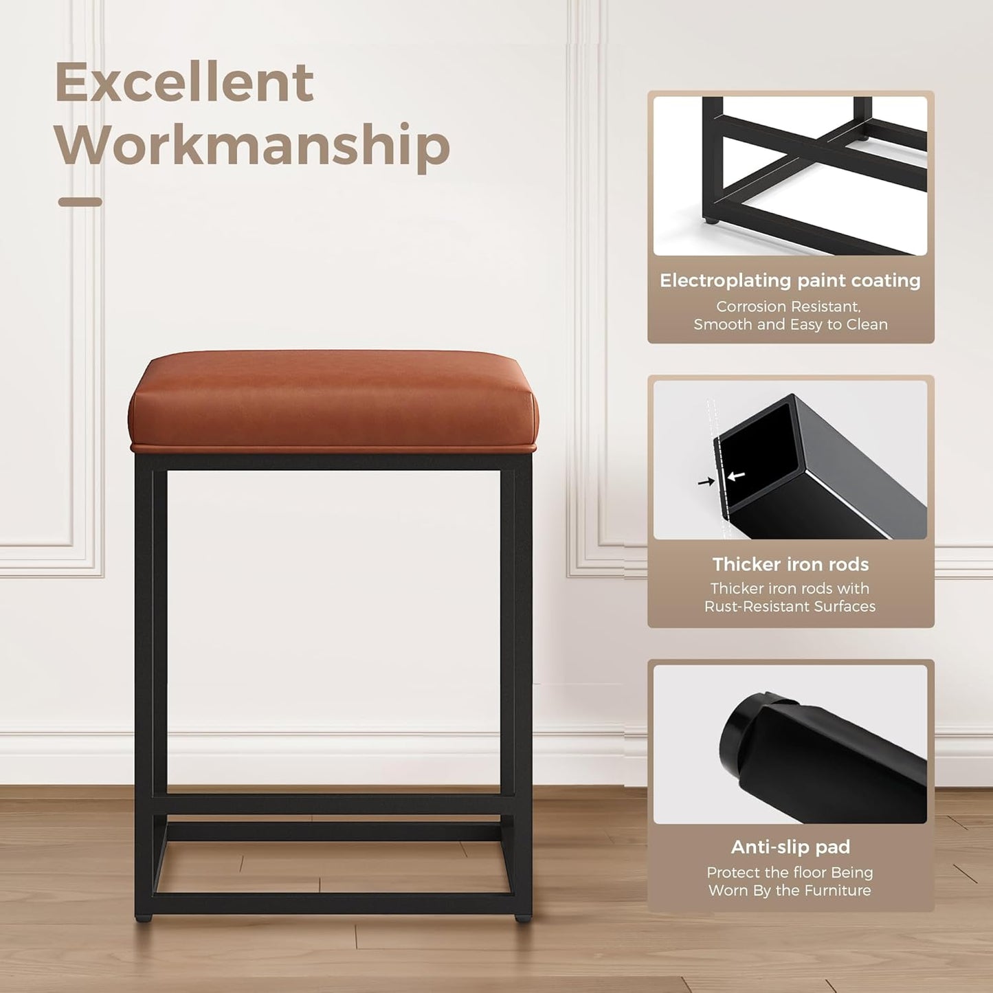 MAISON ARTS Counter Height 24" Bar Stools Set of 2 for Kitchen Counter Backless Modern Barstools Industrial Upholstered Faux Leather Stools Farmhouse Island Chairs, (24 Inch, Brown)